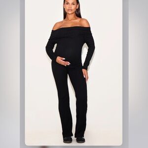 PrettyLittleThing Maternity black knitted Bardot wide leg jumpsuit
